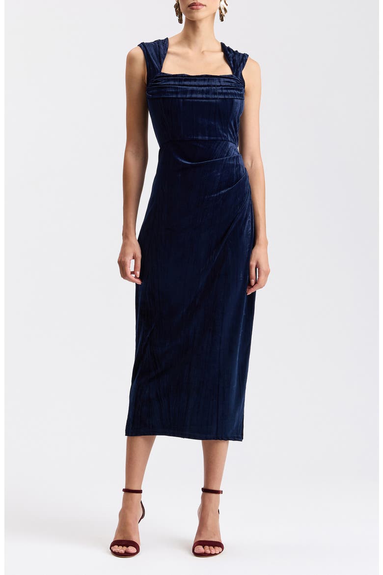 Asymmetric Stretch Velvet Midi Dress, Main, color, NAVY