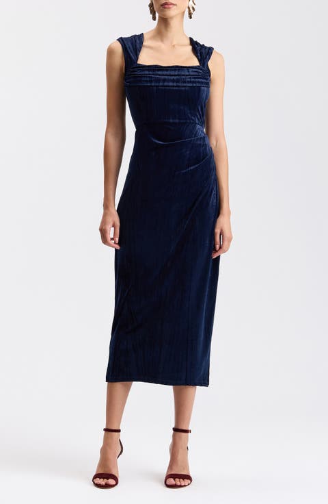 Asymmetric Stretch Velvet Midi Dress