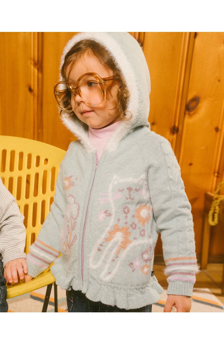 Deux par Deux Little Girl's Jacquard Hooded Knit Cardigan Light Turquoise, Alternate, color, Frosty Green