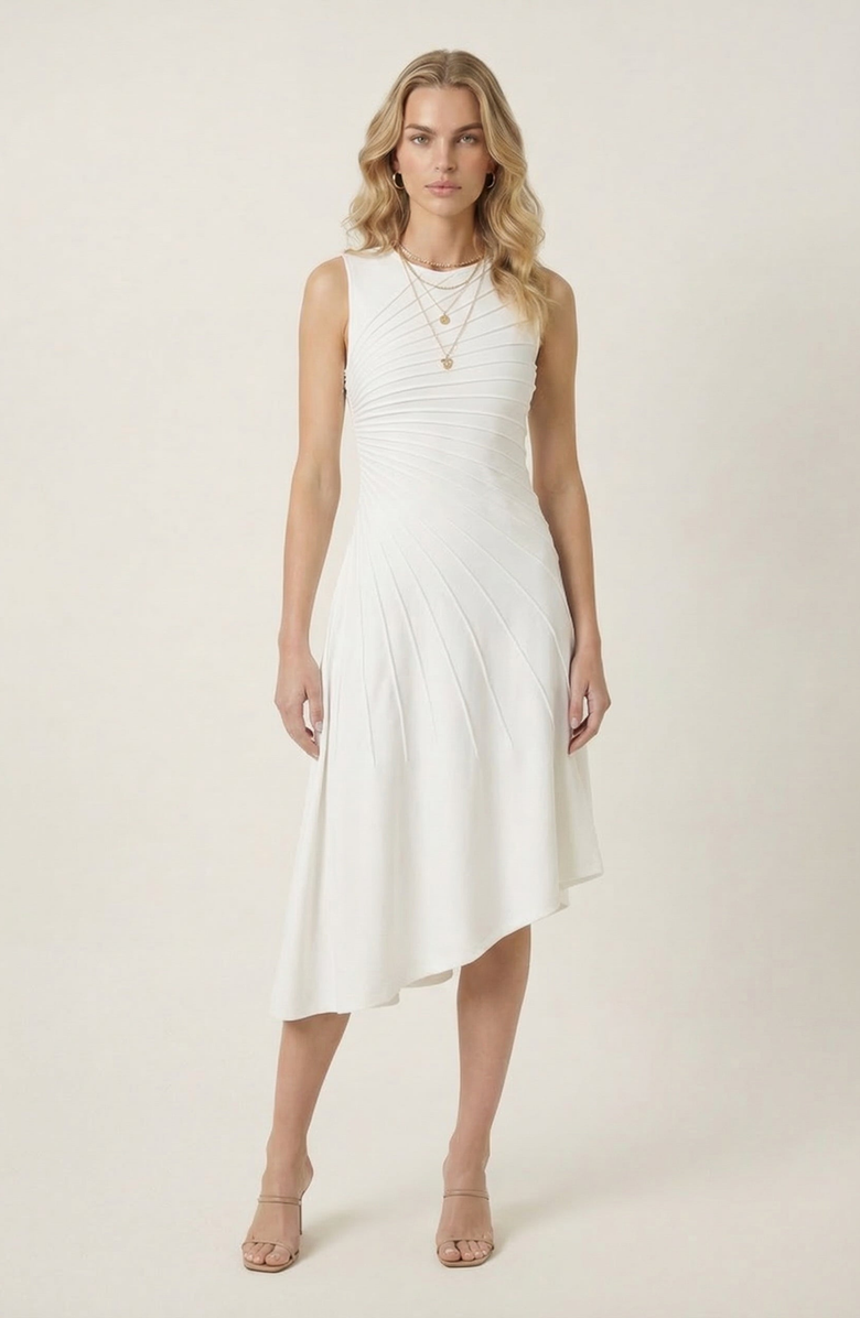 Modenaire Sleeveless Midi Dress with Asymmetrical Hem, Main, color, Off-White