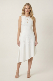 Modenaire Sleeveless Midi Dress with Asymmetrical Hem
