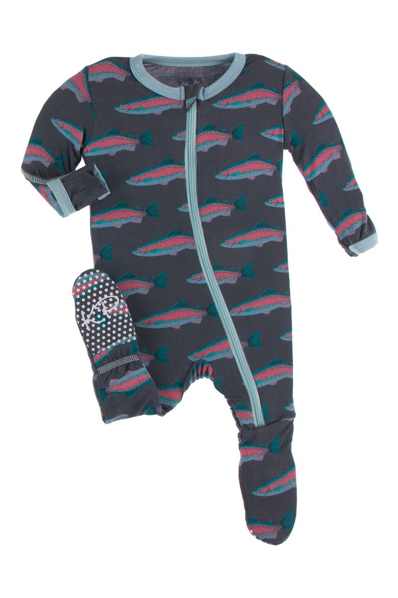 Print Jersey Zip Footie, Main, color, STONE RAINBOW TROUT