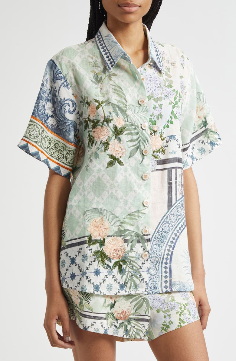 Camilla Classic Linen Button-Up Shirt, Alternate, color, Jardim Party