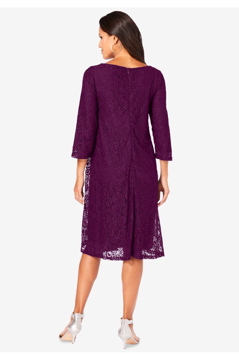 Plus Size 3/4 Sleeve Boatneck Lace Swing Dress, Alternate, color, DARK BERRY