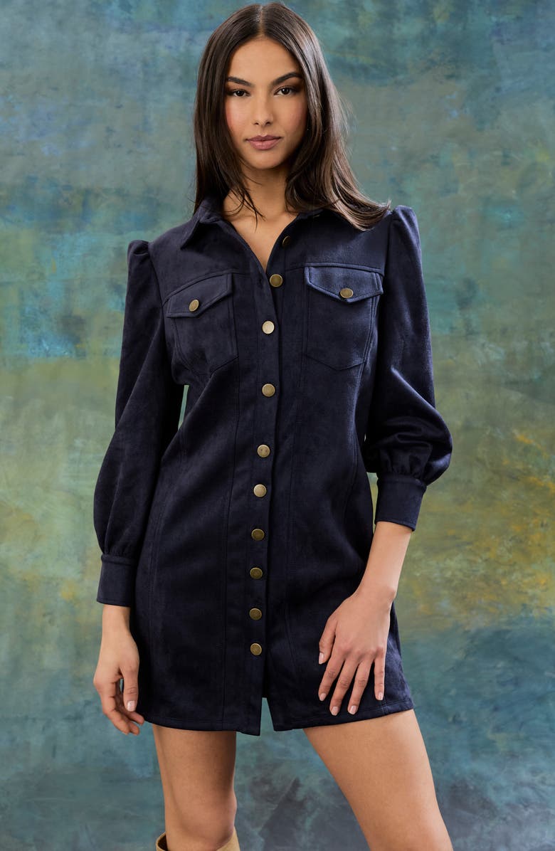 The Good Journey Long Sleeve Faux Suede Minidress, Alternate, color, Navy