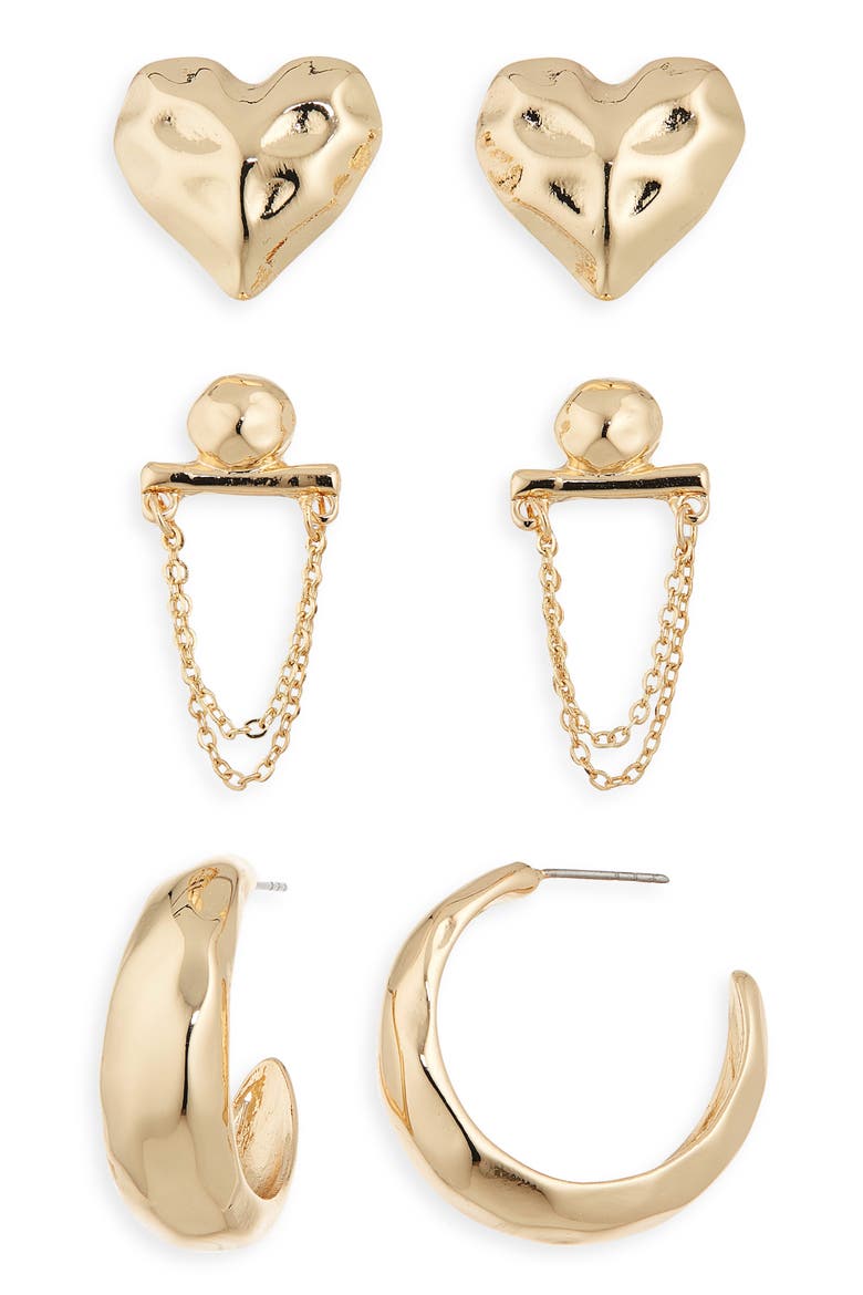 3-Pack Assorted Stud, Hoop & Drop Earrings, Main, color, GOLD