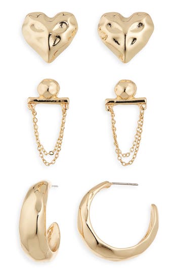 Nordstrom Rack 3-pack Assorted Stud, Hoop & Drop Earrings In Gold
