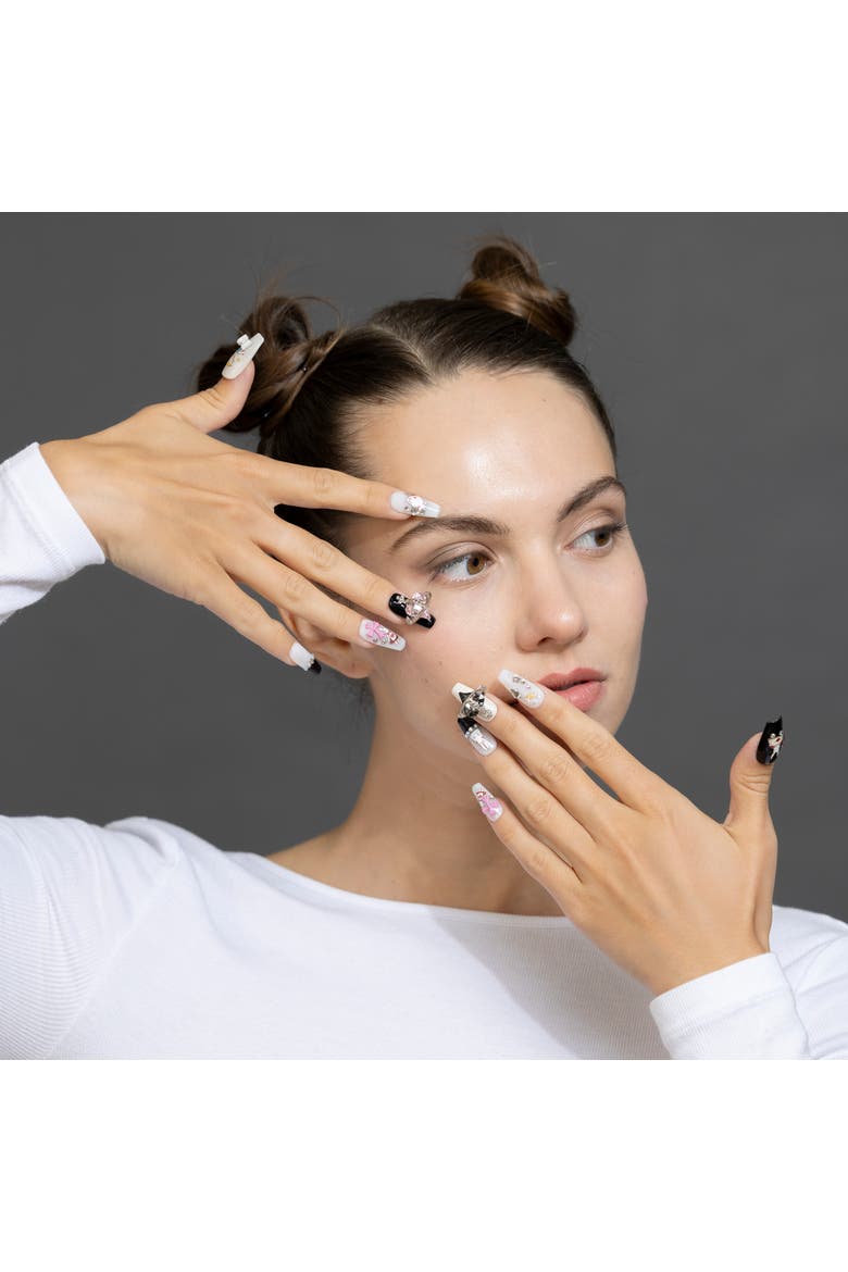 Whimsical Charm Luxury Handmade Press On Nails, Alternate, color, Black, White