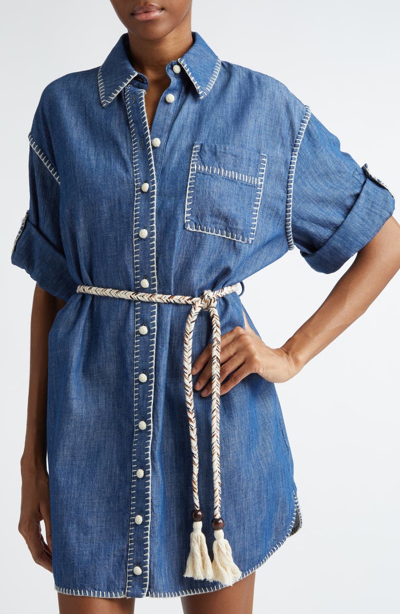 Zimmermann Blanket Stitch Denim Mini Shirtdress, Alternate, color, Railway Blue