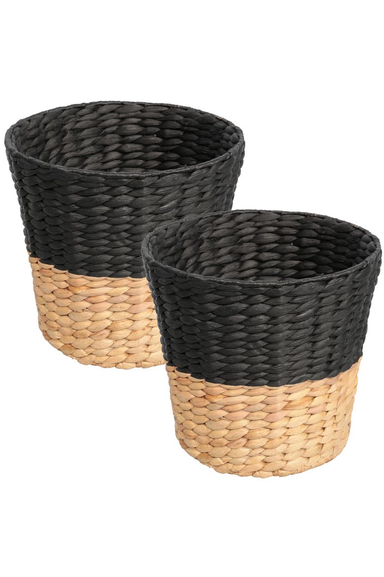 Contemporary Two-Tone Handwoven Water Hyacinth 3.1-Gallon Tapered Round Wicker Watebasket, Main, color, Black/Natural