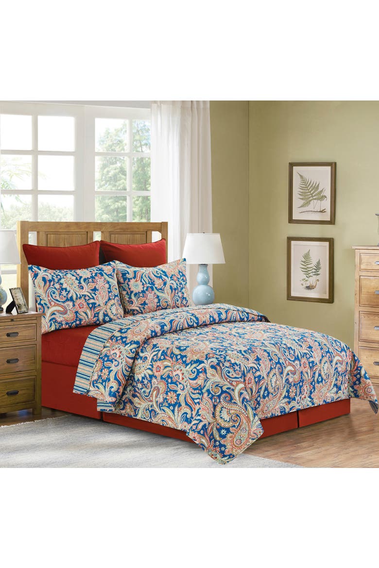 Marla Damask Cotton Quilt Set - Reversible and Machine Washable, Alternate, color, Blue