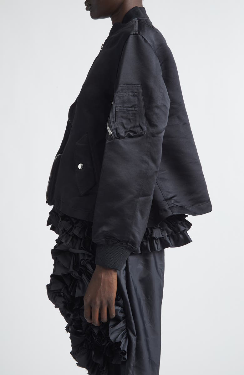 Comme des Garçons Comme des Garçons Ruffle Hem Satin Bomber Jacket, Alternate, color, Black