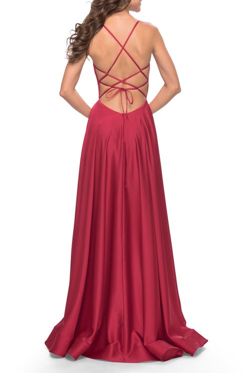 La Femme A-line Satin Gown With Deep V And Slit