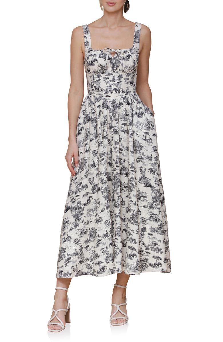 Avec Les Filles Bustier Linen Blend Midi Sundress, Main, color, Safari Toile Black