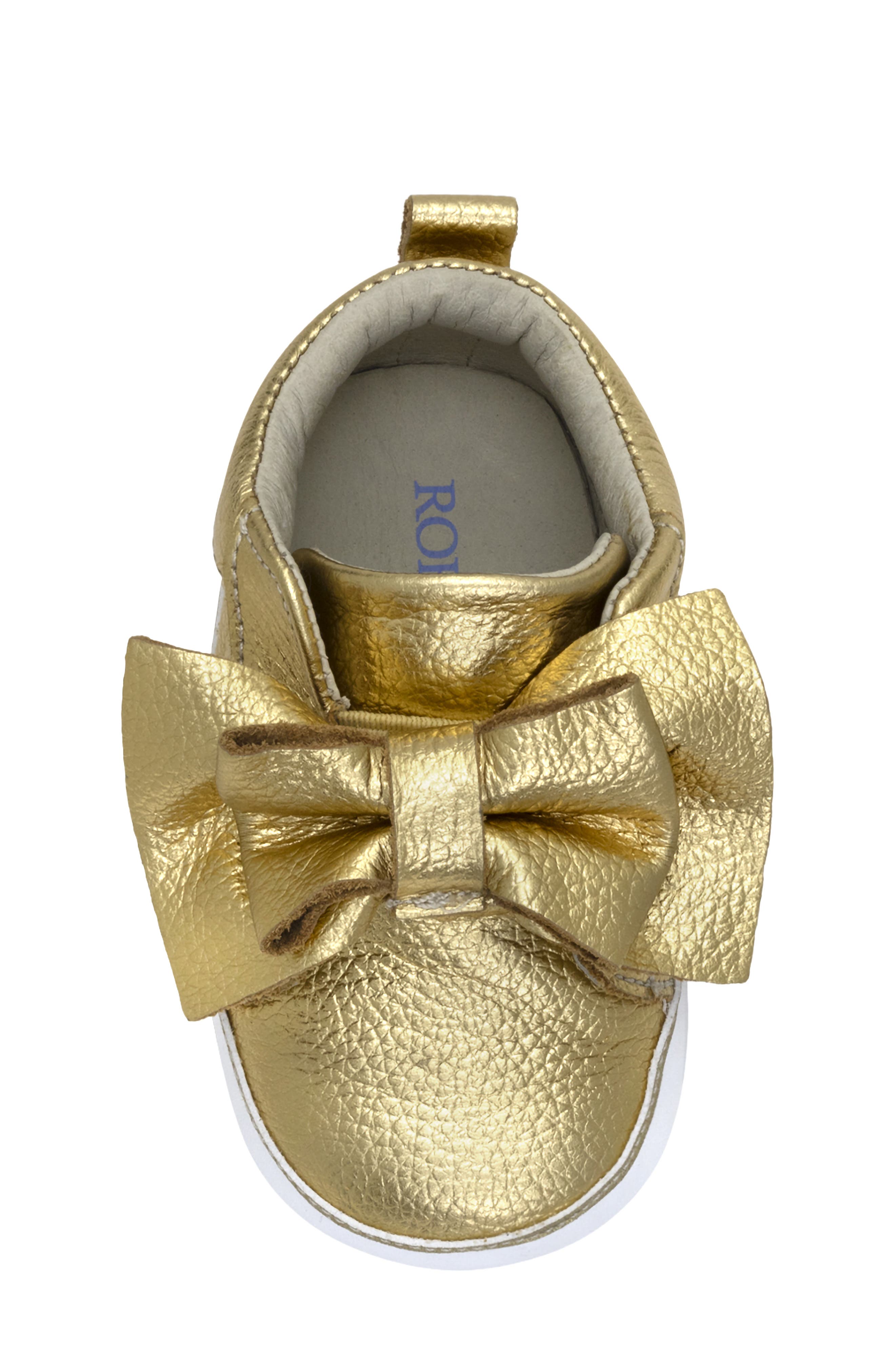 Robeez<sup>®</sup> Kids' Aria Metallic Bow Leather Crib Shoe, Alternate, color, Gold