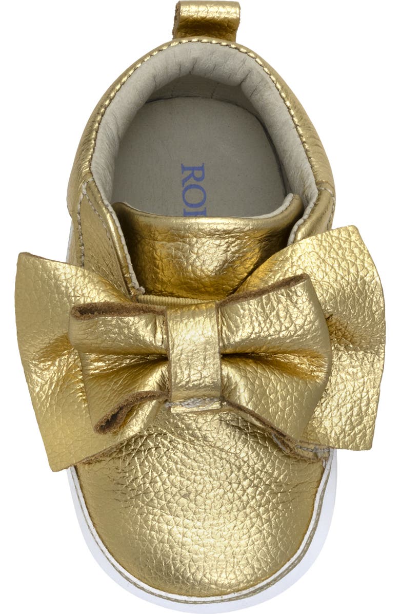 Robeez<sup>®</sup> Kids' Aria Metallic Bow Leather Crib Shoe, Alternate, color, Gold