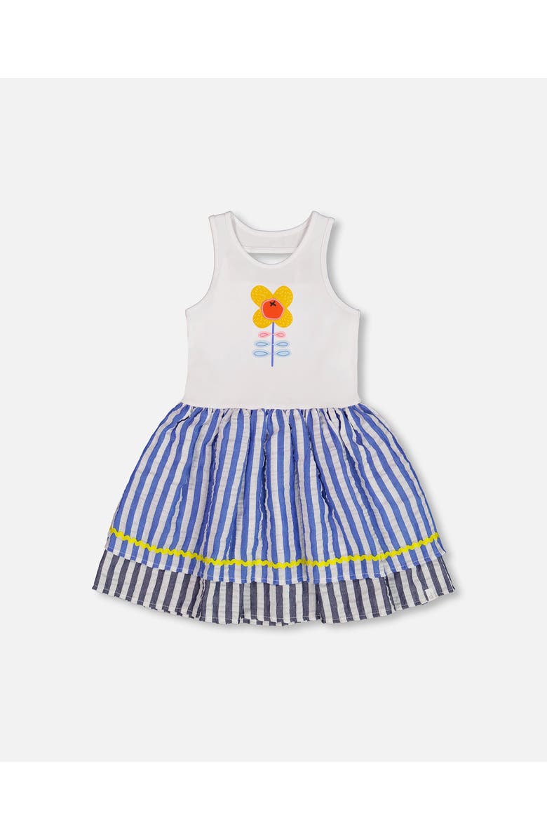Deux par Deux Girl's Bi-Material Cotton And Seersucker Dress White And Royal Blue, Main, color,