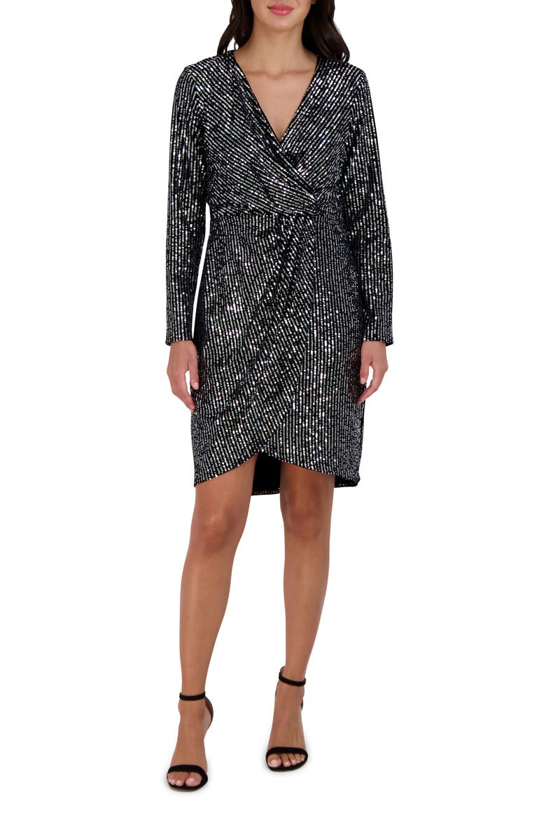 Velvet Sequin Long Sleeve Faux Wrap Dress, Main, color, BLK/SILVER