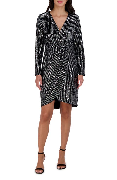 Velvet Sequin Long Sleeve Faux Wrap Dress
