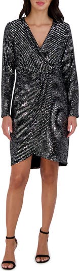 Velvet Sequin Long Sleeve Faux Wrap Dress