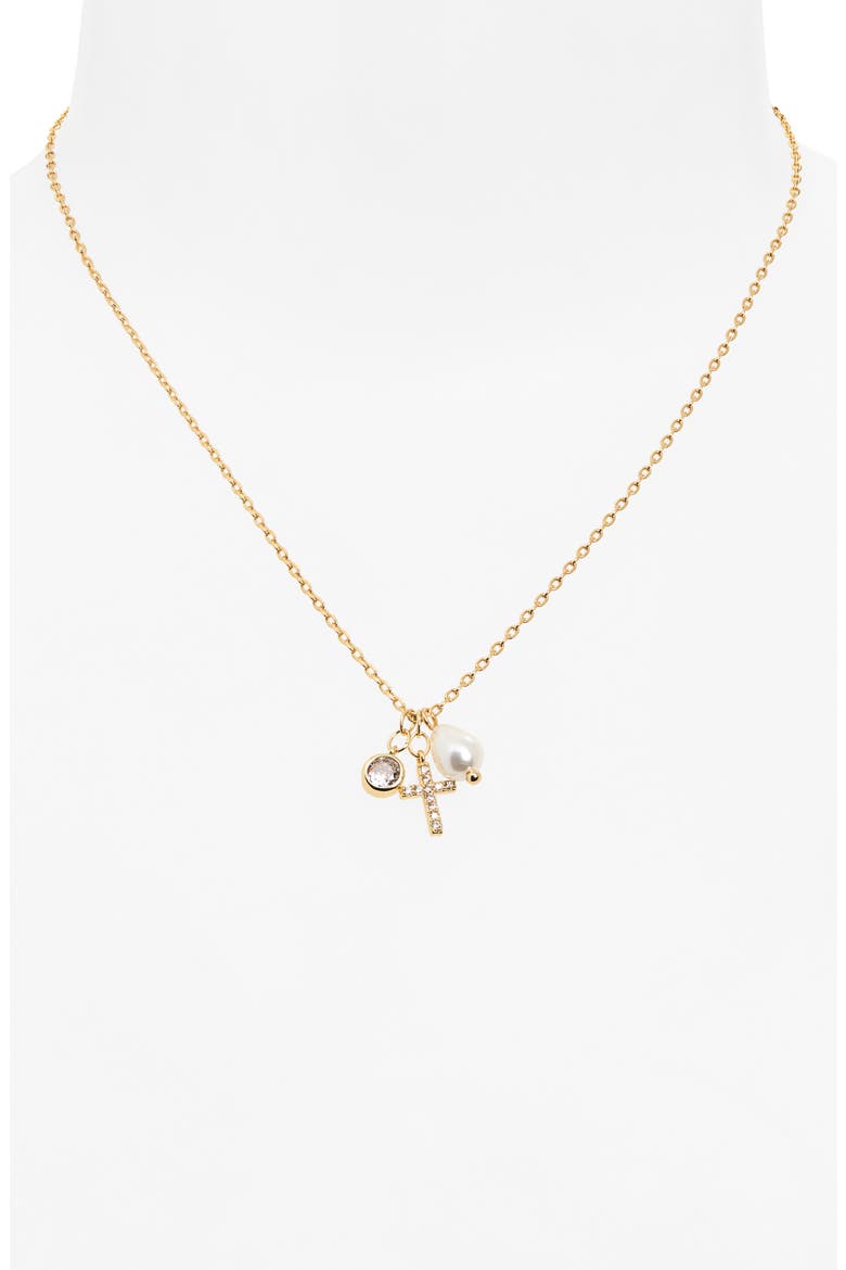 Cubic Zirconia Cross & Faux Pearl Charm Pendant Necklace, Alternate, color, CLEAR- WHITE- GOLD