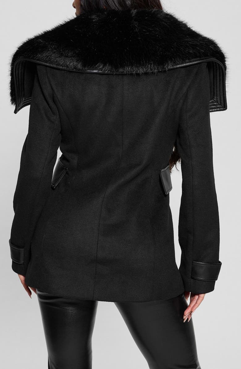 GUESS Lilia Melton Coat with Faux Fur Trim, Alternate, color, Black-Black