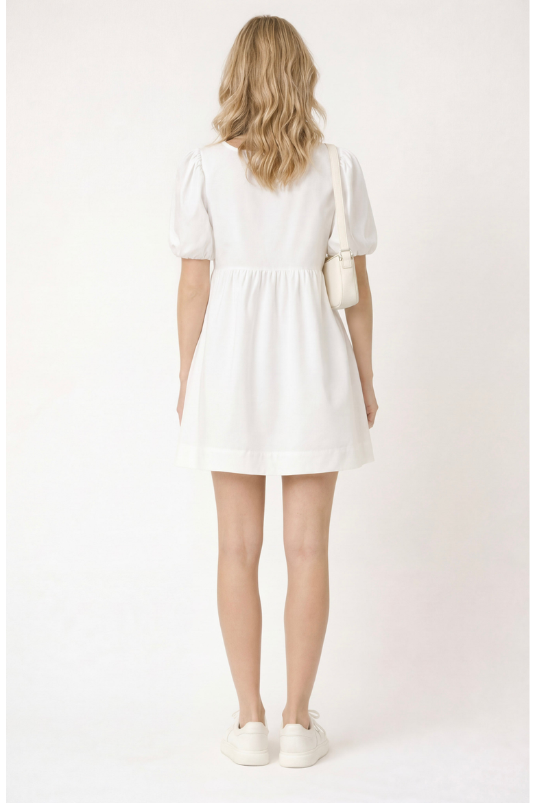 Puff Sleeve Mini Dress with Keyhole Front and Bow Tie Detail, Alternate, color, White
