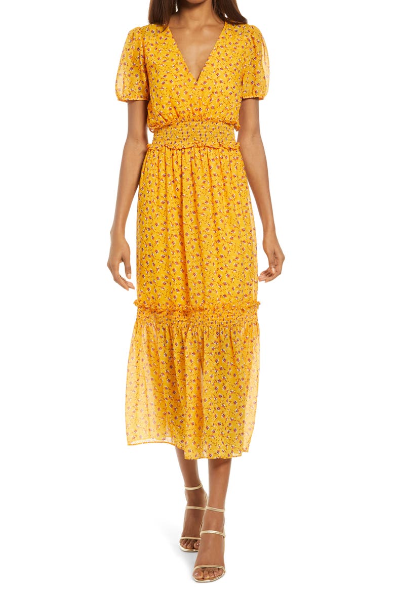 Ruby Floral Short Sleeve Dress, Main, color, MUSTARD DITSY
