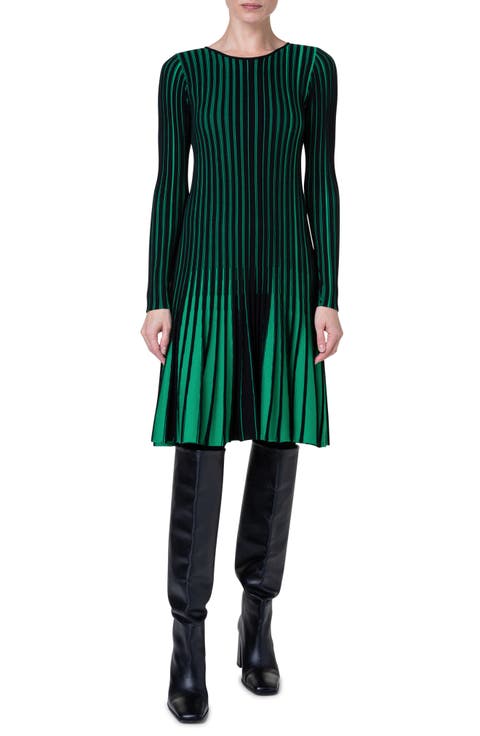 Stripe Long Sleeve Merino Wool Rib Sweater Dress