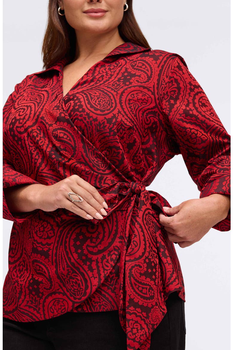Salina Paisley Print Cotton Blend Wrap Shirt, Alternate, color, BLACK/ RED