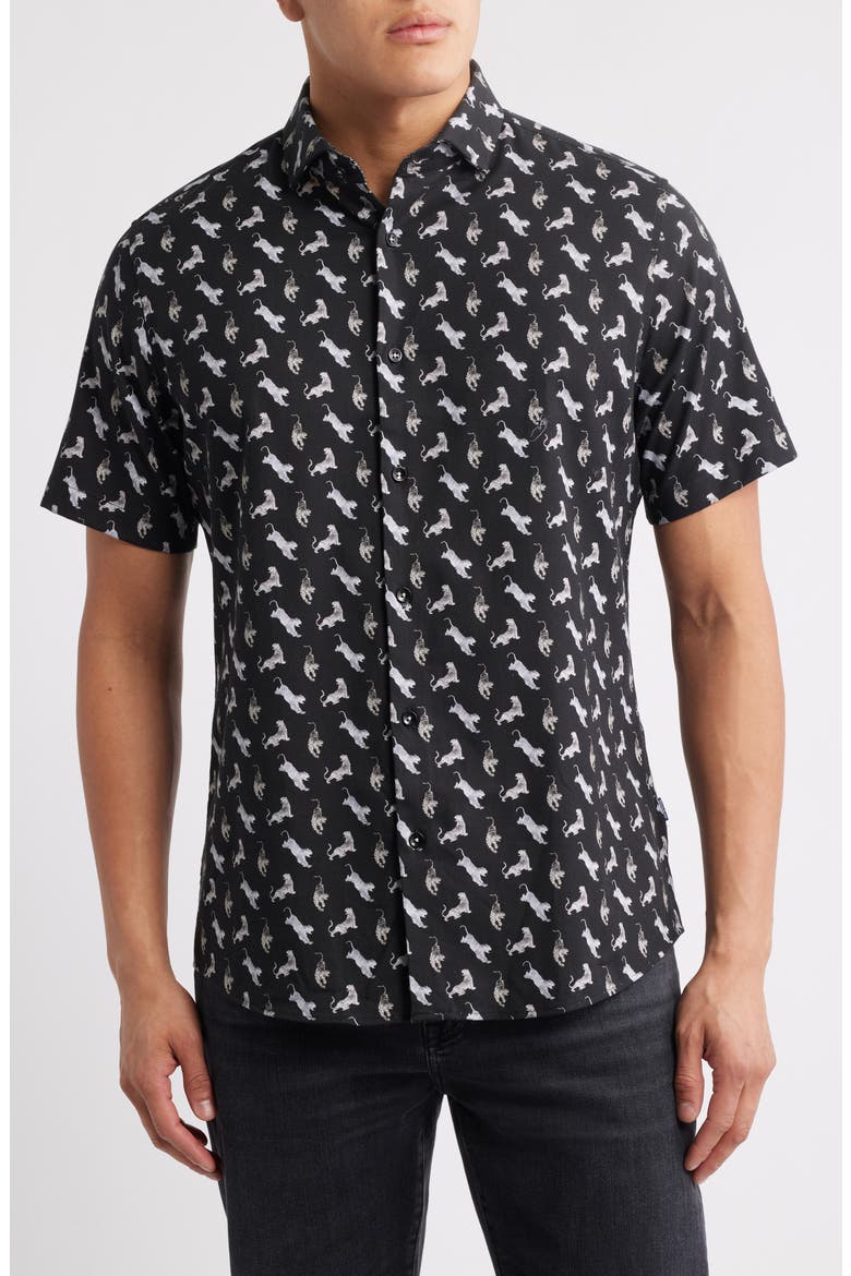 Tiger Print Short Sleeve Button-Up Shirt, Main, color, BLACK