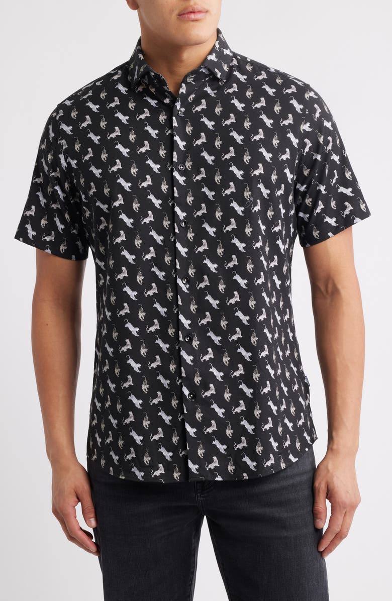 Stone Rose Tiger Print Short Sleeve Button-Up Shirt, Main, color, 