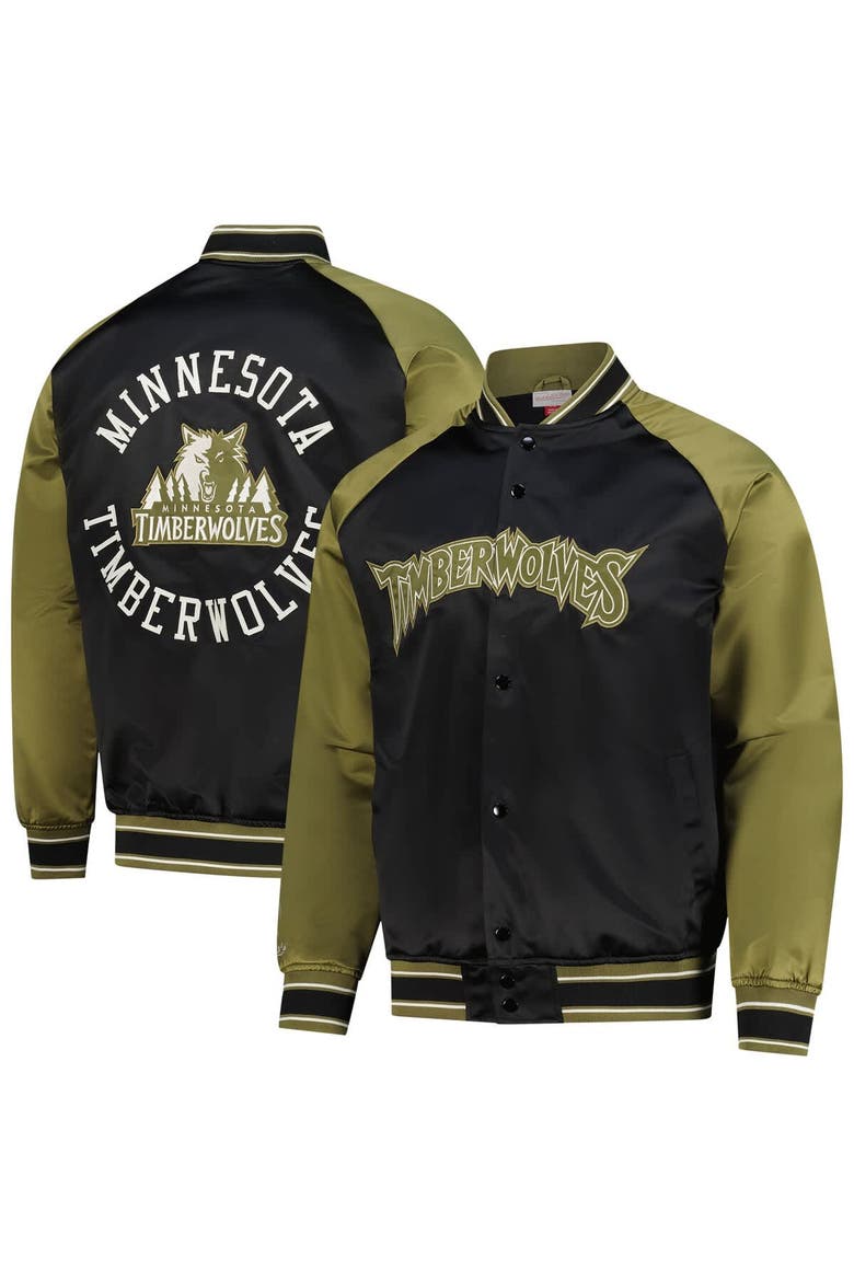 Men's Mitchell & Ness Olive/Black Minnesota Timberwolves Clutch Satin Raglan Full-Snap Jacket, Main, color, Olive