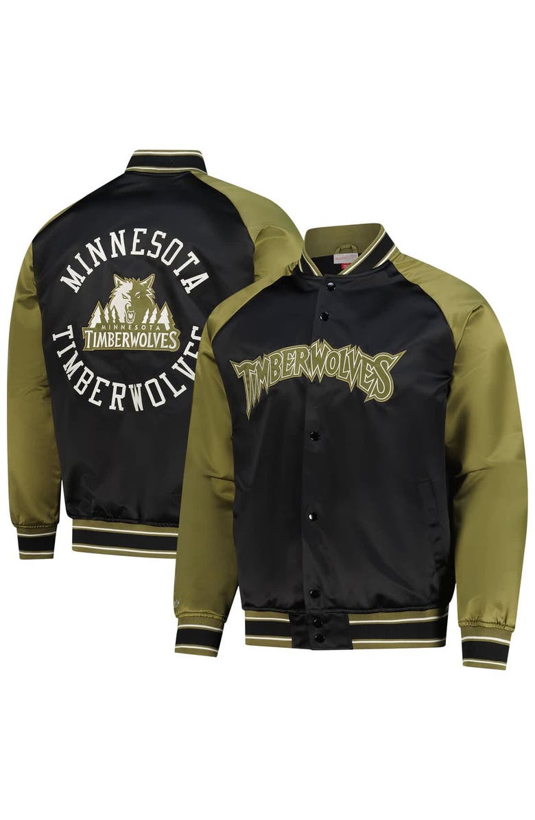 Mitchell 
Ness Men
s Mitchell 
Ness Olive/Black Minnesota Timberwolves Clutch Satin Raglan Full-Snap Jacket, Main, color, Olive