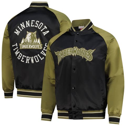 Men
s Mitchell 
Ness Olive/Black Minnesota Timberwolves Clutch Satin Raglan Full-Snap Jacket