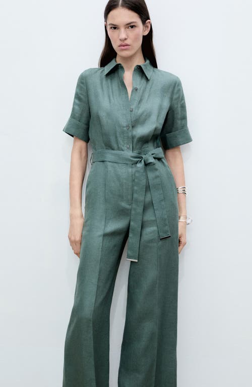 Mango Short Sleeve Linen Jumpsuit In Forest Green