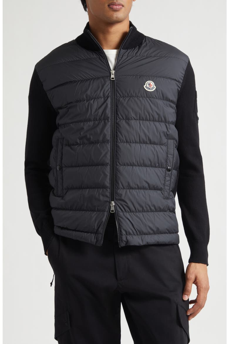 Padded Mixed Media Zip Cardigan, Main, color, BLACK