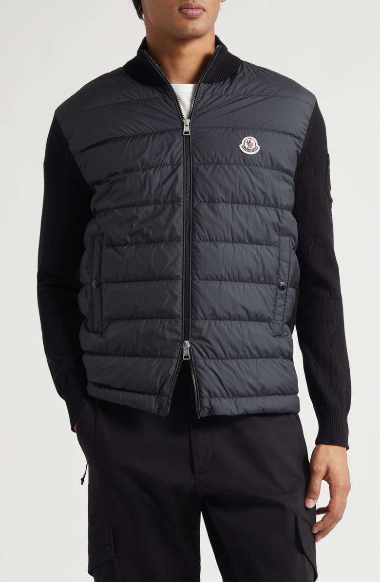 Moncler Padded Mixed Media Zip Cardigan, Main, color, Black