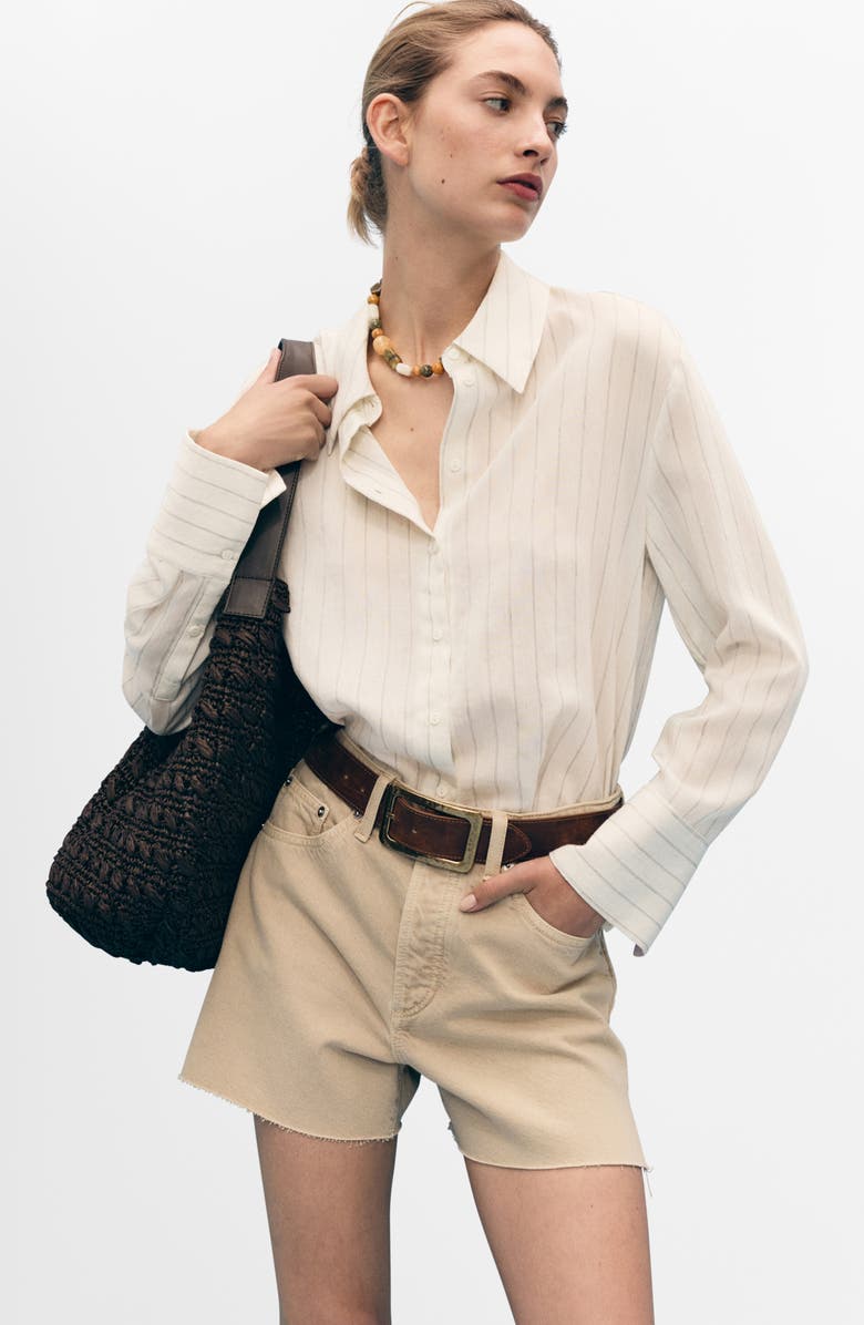 MANGO Button Fly Fray Hem Denim Shorts, Alternate, color, Sand