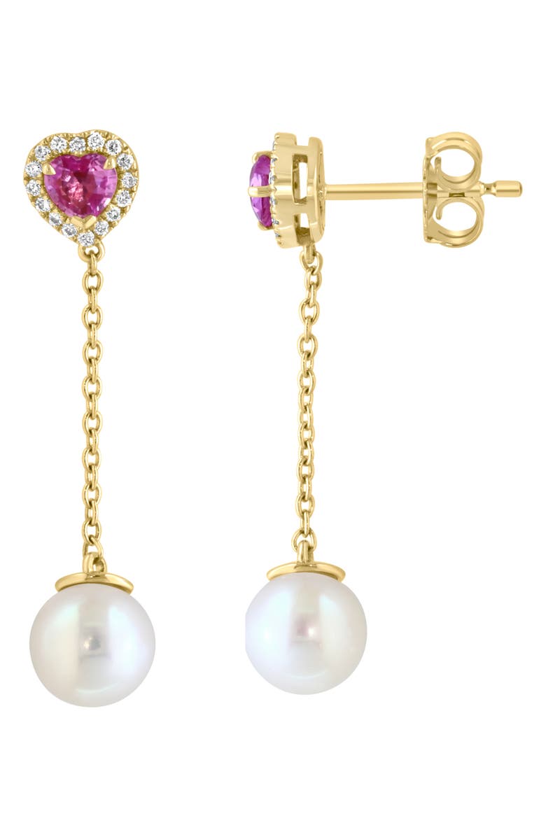 EFFY Pink Sapphire Heart & Diamond Halo Freshwater Pearl Drop Earrings, Main, color, 