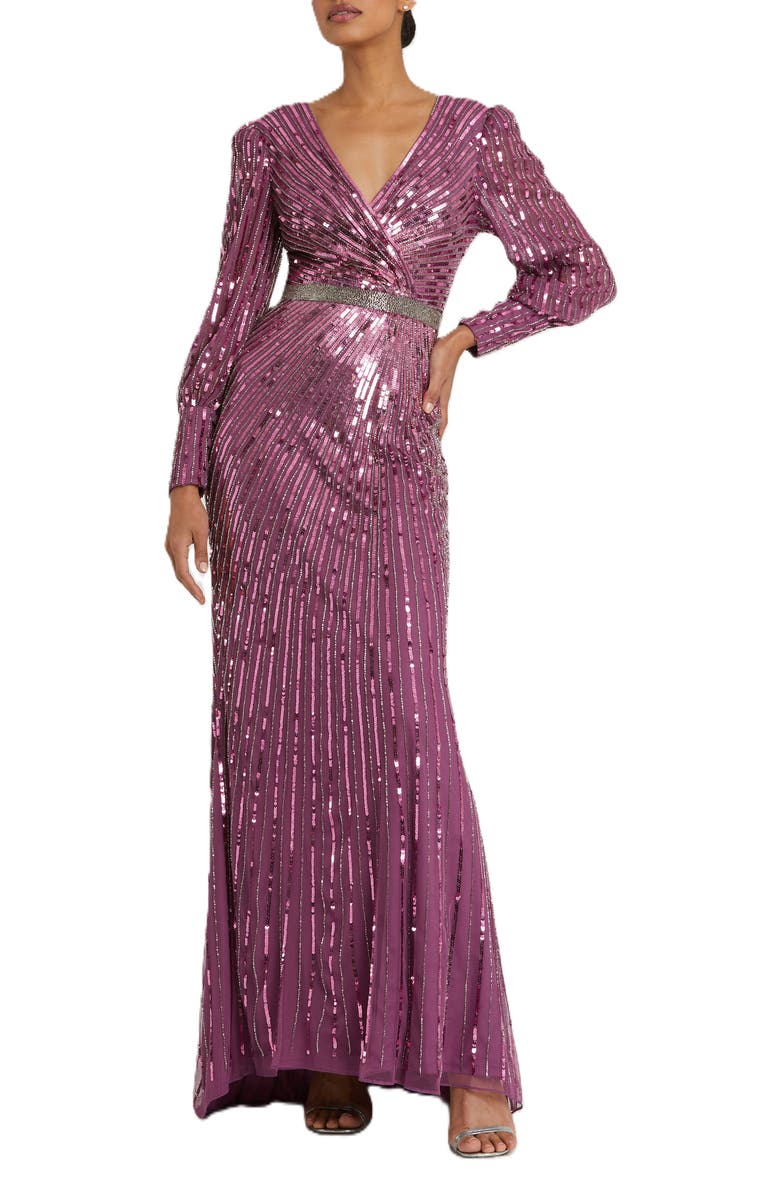 Mac Duggal Sequined Wrap Over Bishop Sleeve Gown, Main, color, Raspberry