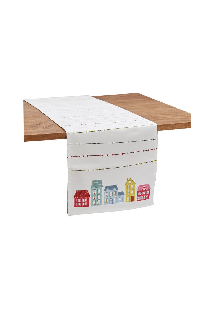 Christmas Village Lights Printed 100% Cotton Table Runner, Main, color, White