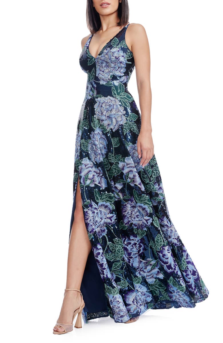 Dress the Population Alyssa Floral Gown, Alternate, color, Navy Multi