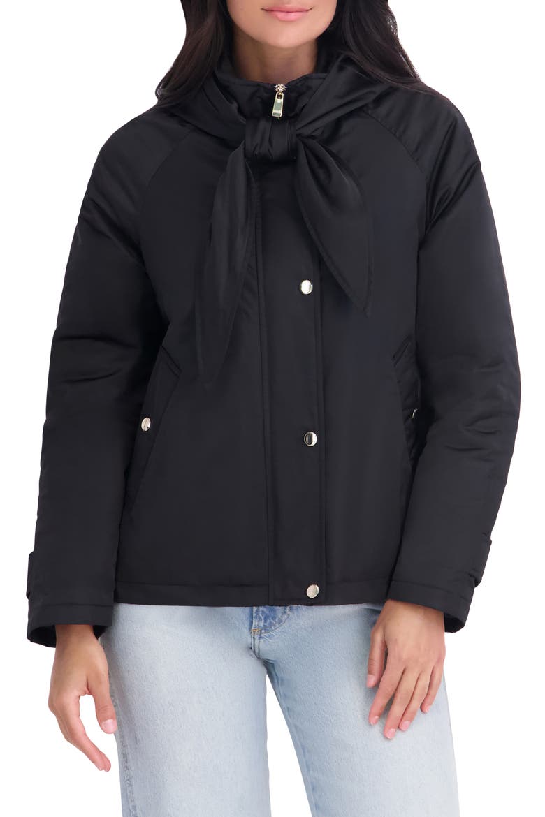 Quilted Satin Jacket with Bow, Main, color, BLACK