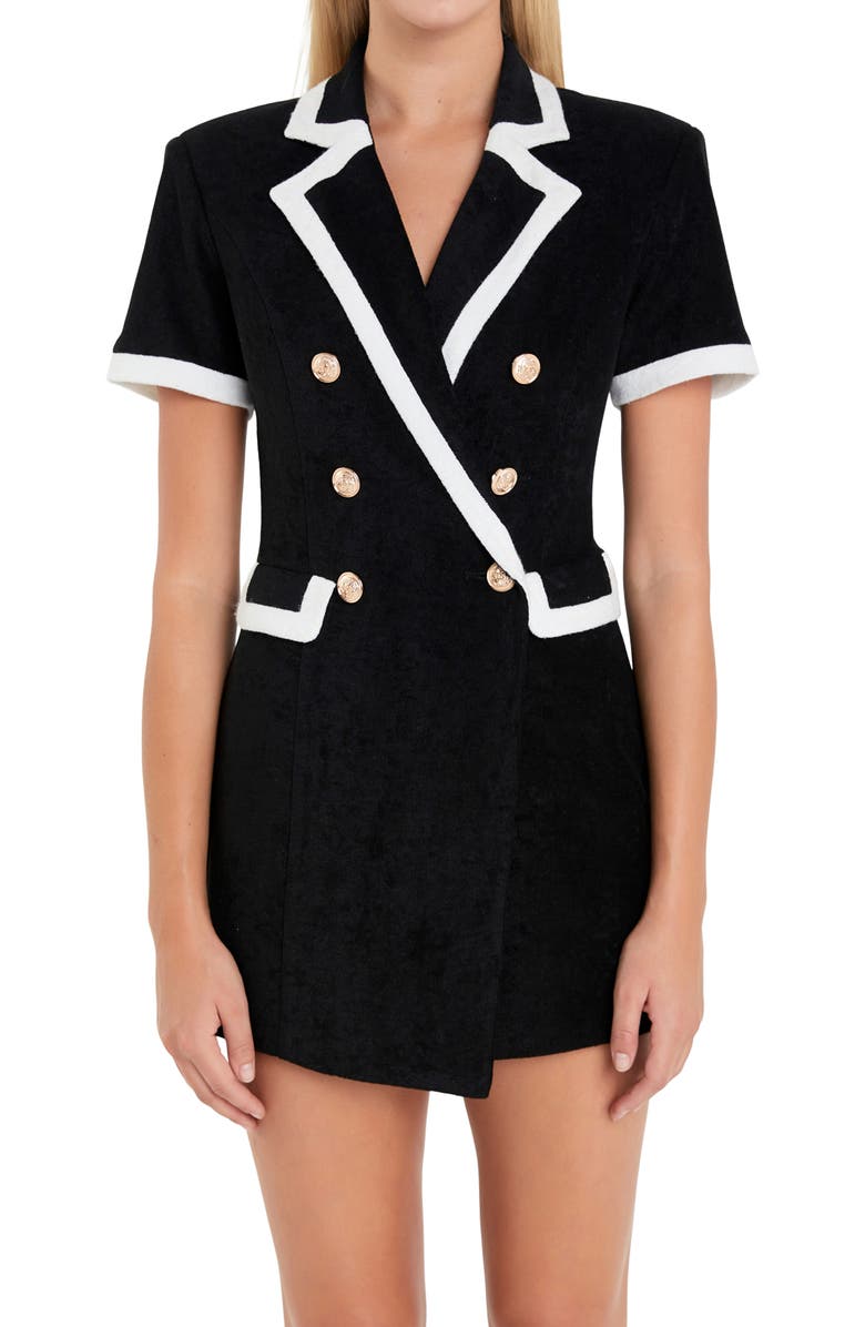 English Factory Terry Cloth Blazer Romper, Alternate, color, Black/ White