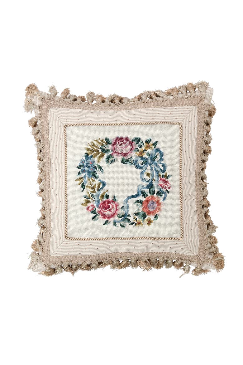 Floral Wreath Needlepoint Accent Pillow, Main, color, Off-White