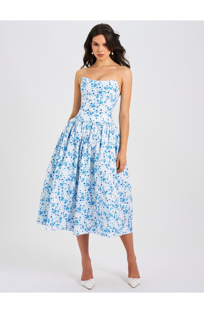 Miss Circle Paloma Linen Corset Draping Top Midi Dress, Alternate, color, Blue Print