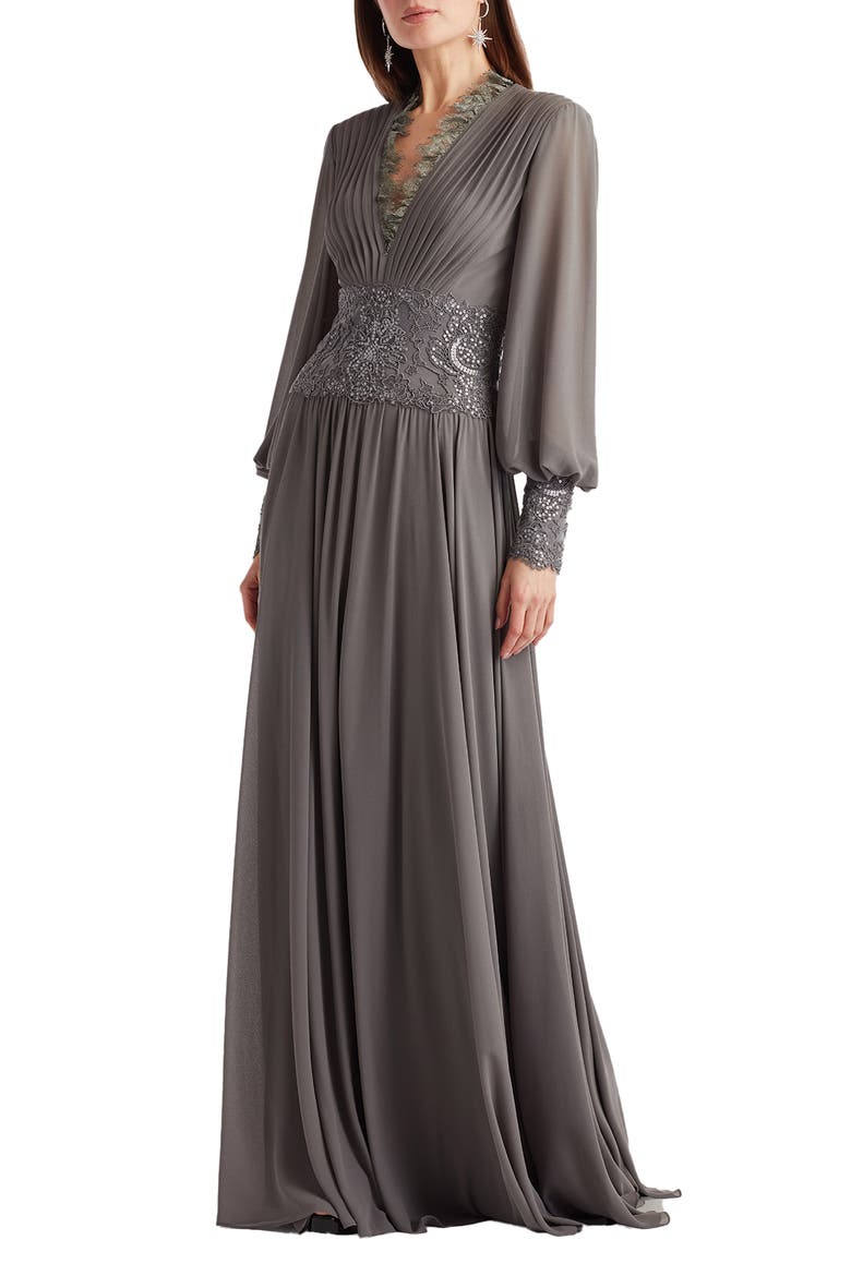 Sequin & Lace Pleated Long Sleeve Chiffon Gown, Alternate, color, MIST