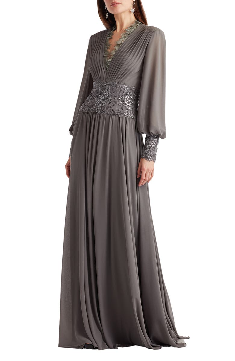 Tadashi Shoji Sequin Lace Detail Long Sleeve Chiffon Gown, Alternate, color, Mist