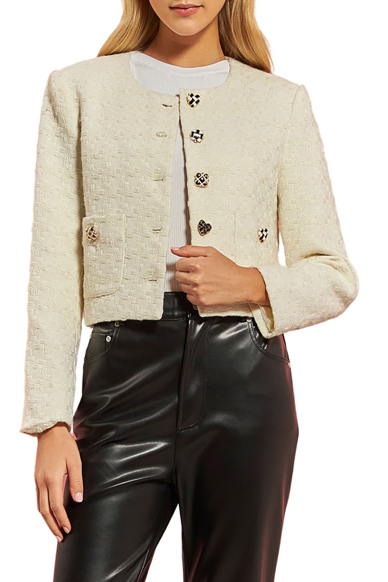 Premium Textured Houndstooth Crop Jacket, Main, color, IVORY